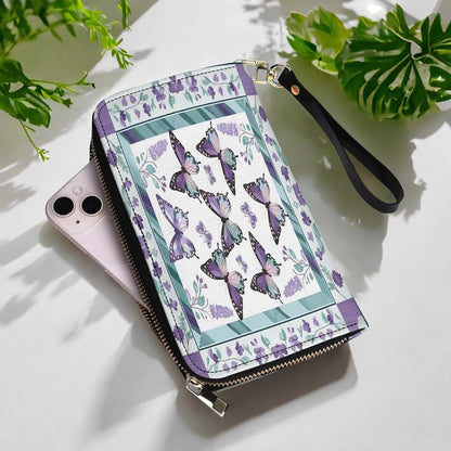  Leather Clutch Purse With Wristlet Strap Handle Purple Butterfly & Floral