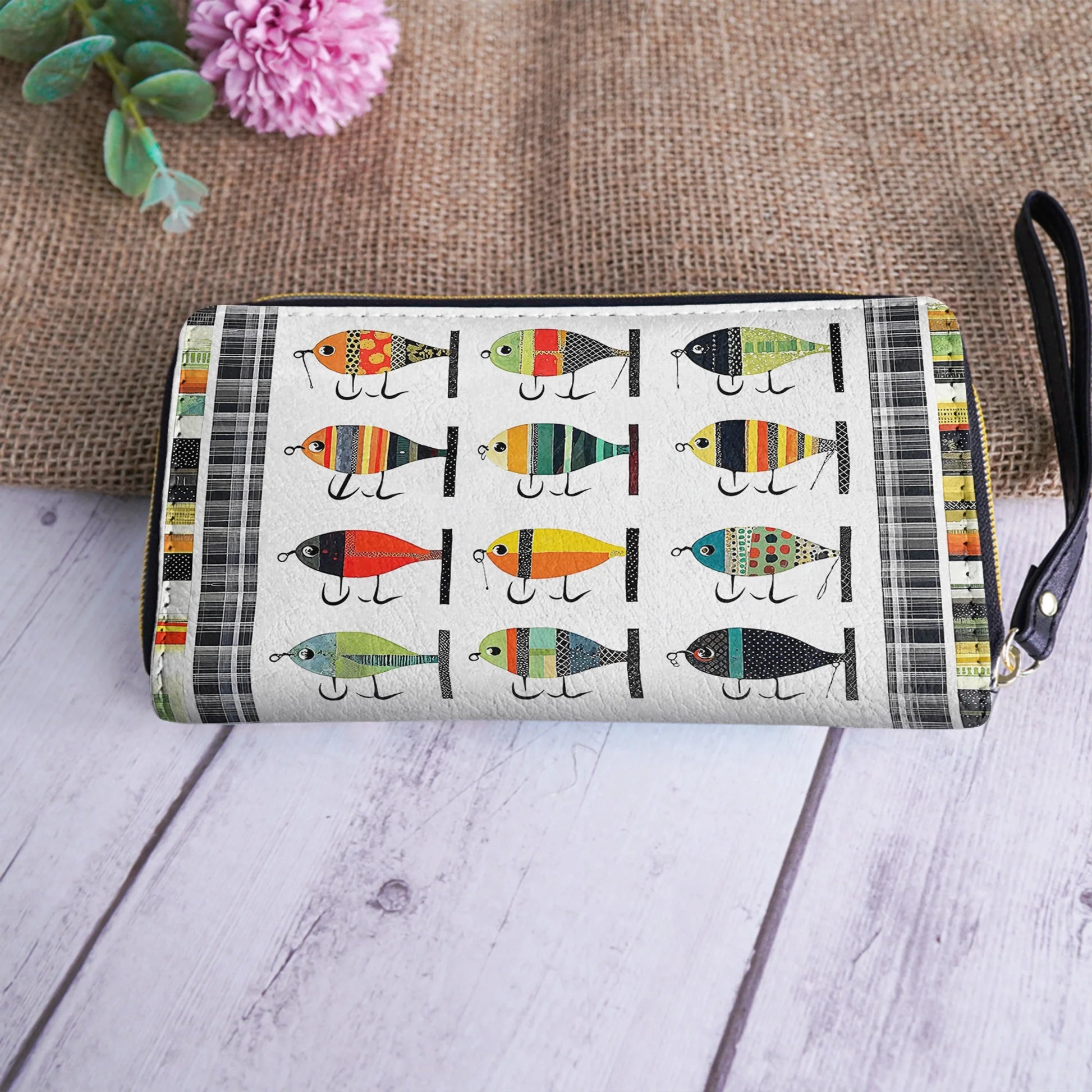  Leather Clutch Purse With Wristlet Strap Handle Vintage Fishing Lures