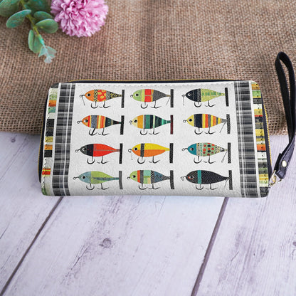 Leather Clutch Purse With Wristlet Strap Handle Vintage Fishing Lures