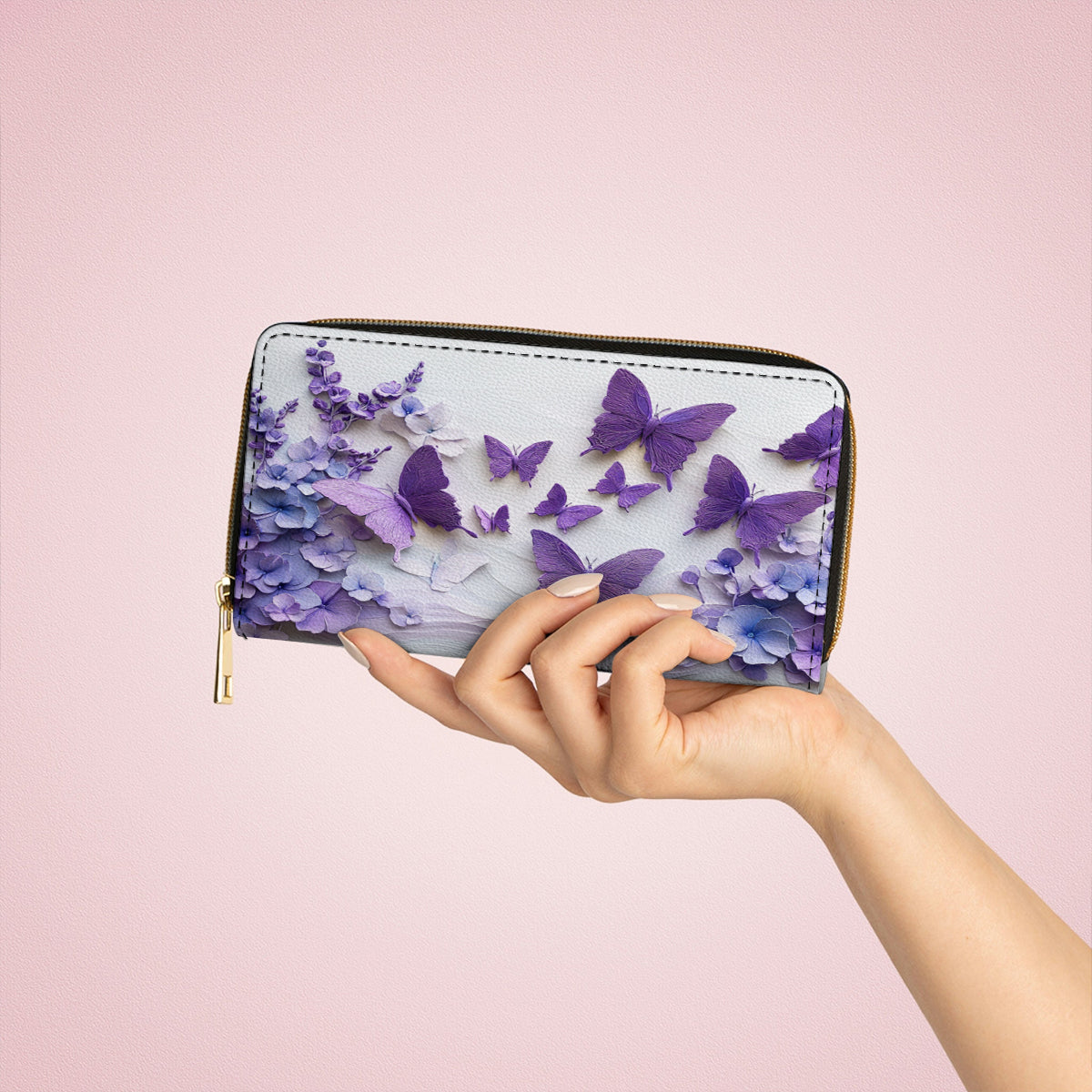  Leather Clutch Purse With Wristlet Strap Handle Purple Blossom Wings