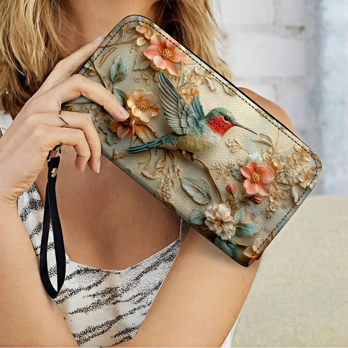  Leather Clutch Purse With Wristlet Strap Handle Hummingbird Whisper