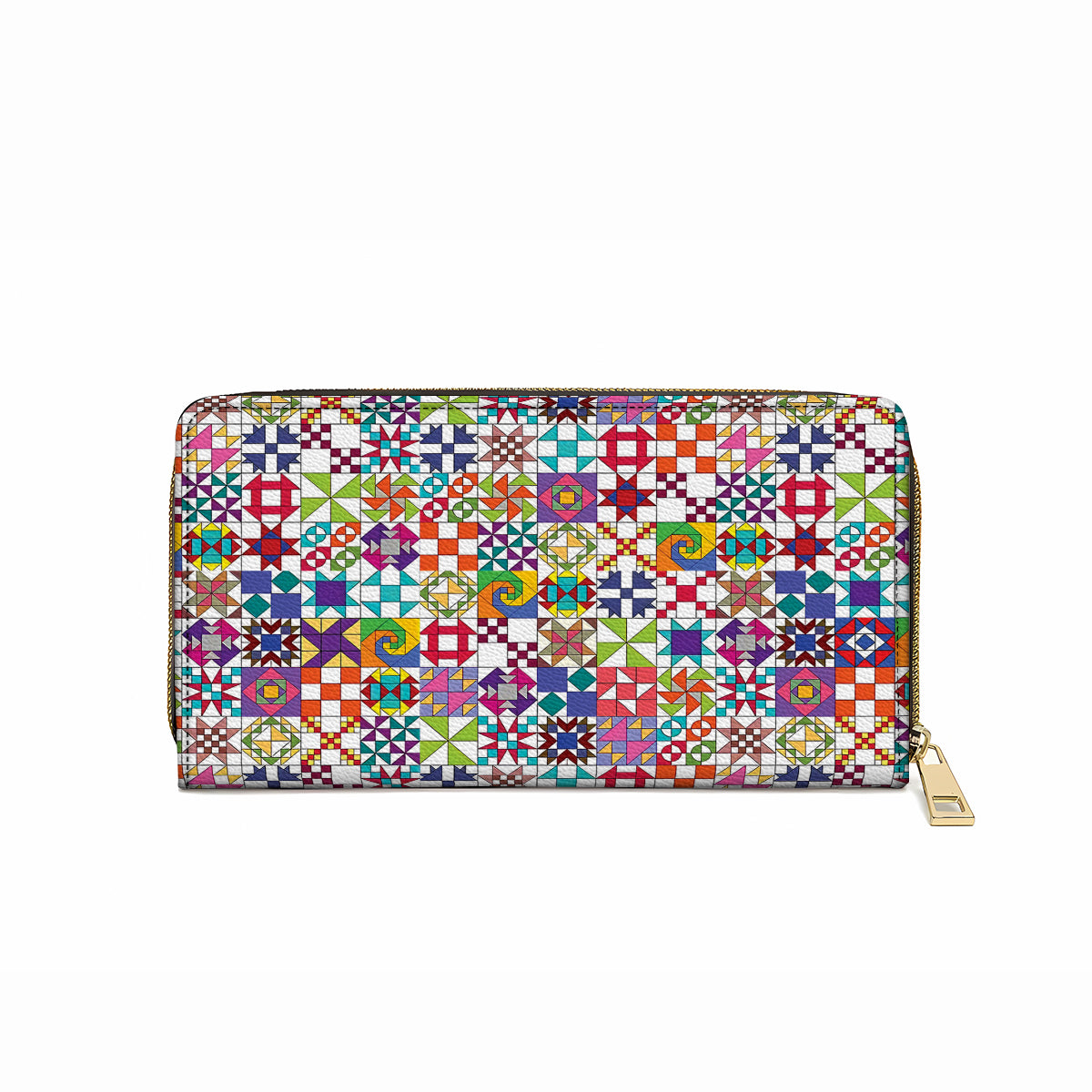  Leather Clutch Purse With Wristlet Strap Handle Colorful Quilting Blocks