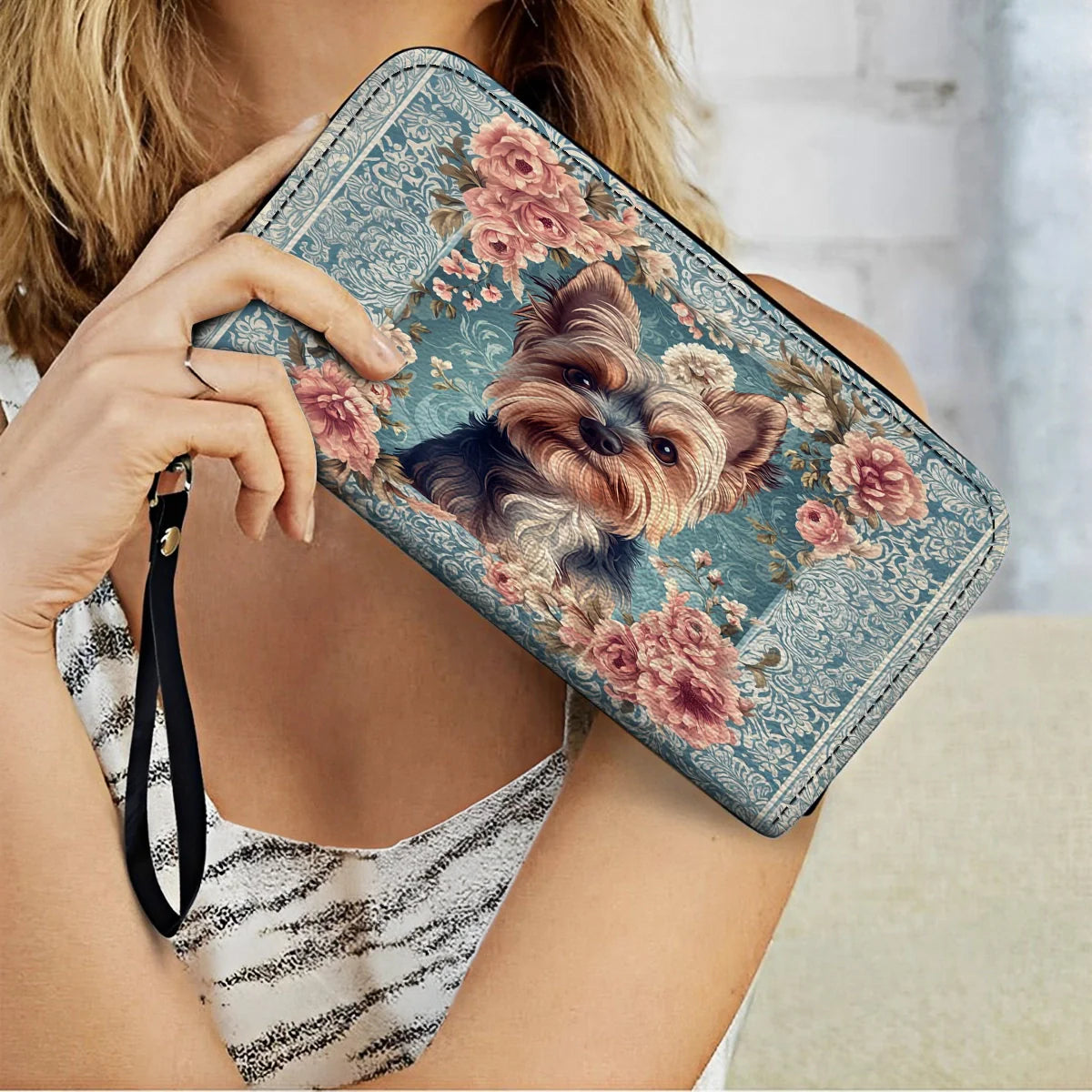  Leather Clutch Purse With Wristlet Strap Handle Yorkie Rose Bloom Elegance