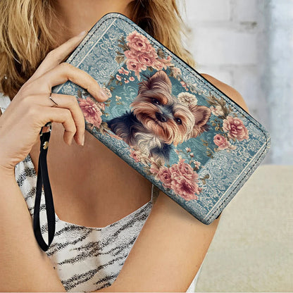  Leather Clutch Purse With Wristlet Strap Handle Yorkie Rose Bloom Elegance
