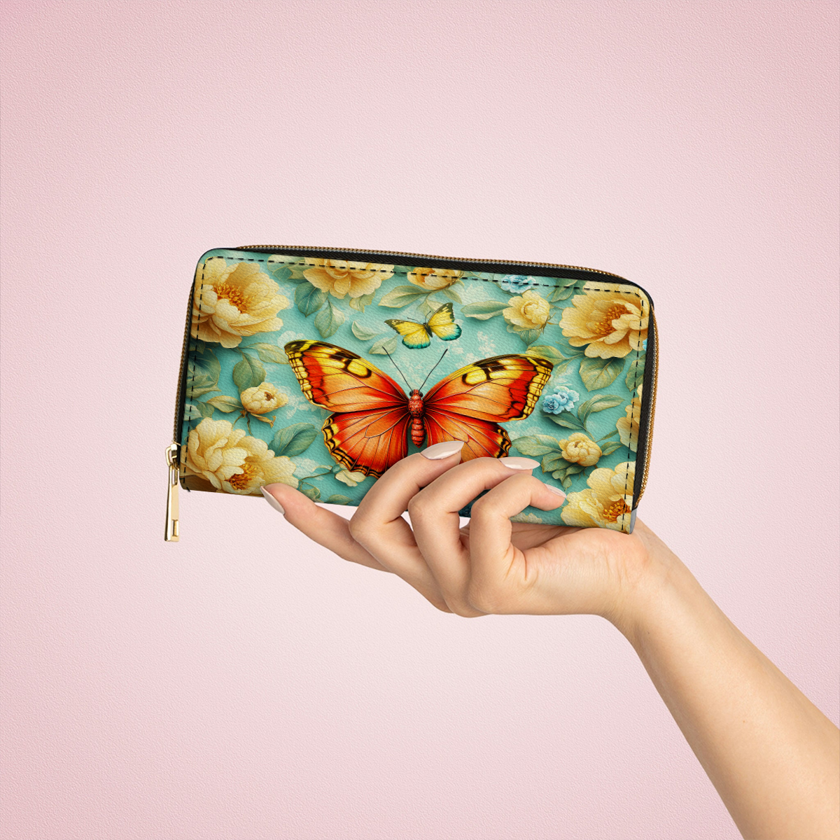  Leather Clutch Purse With Wristlet Strap Handle Radiant Summer Butterfly