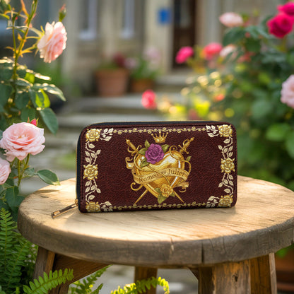  Leather Clutch Purse With Wristlet Strap Handle Romeo & Juliet Golden Heart