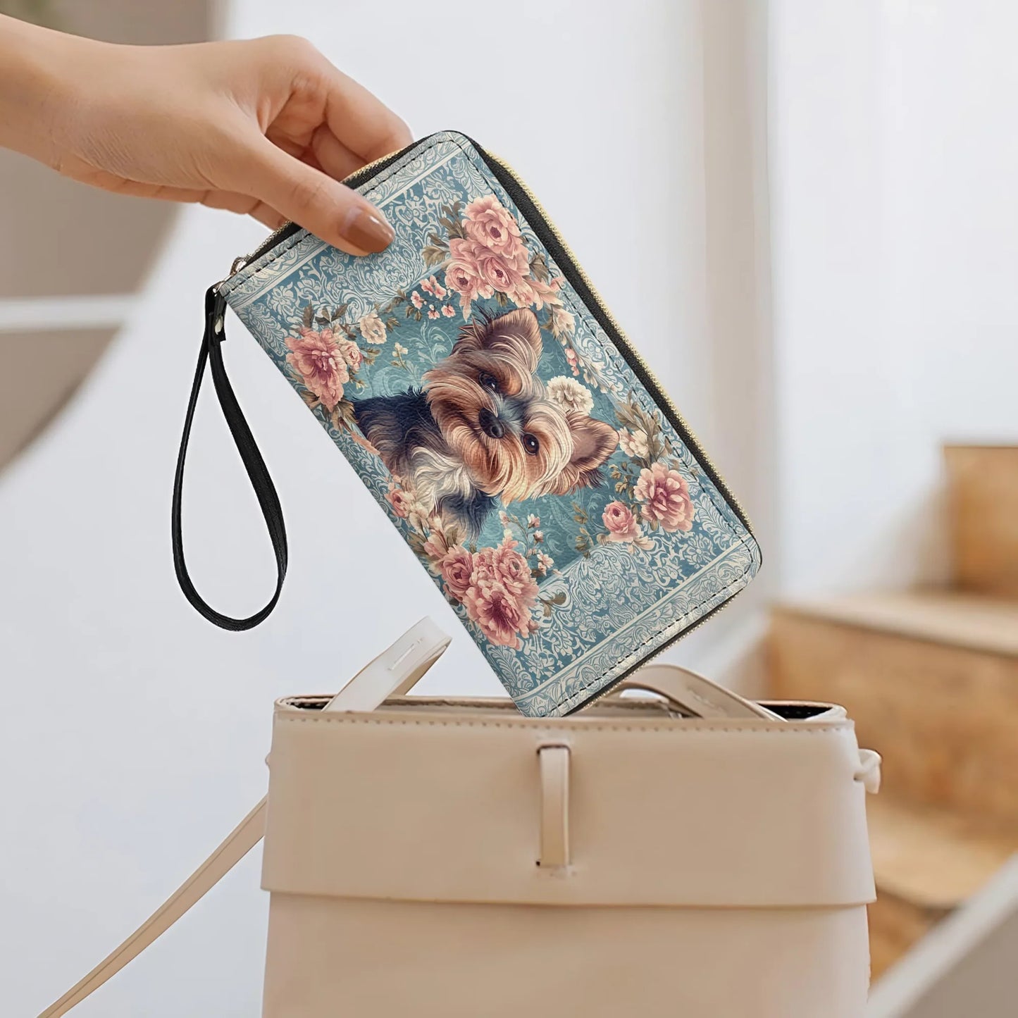  Leather Clutch Purse With Wristlet Strap Handle Yorkie Rose Bloom Elegance