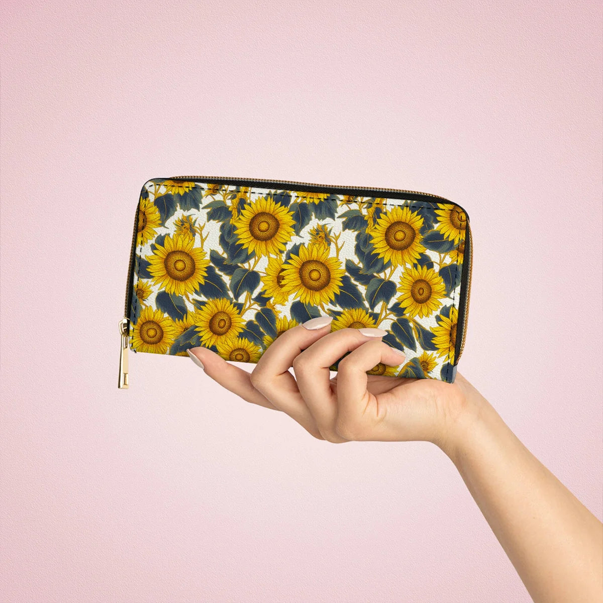  Leather Clutch Purse With Wristlet Strap Handle Sunflower Bold Bloom