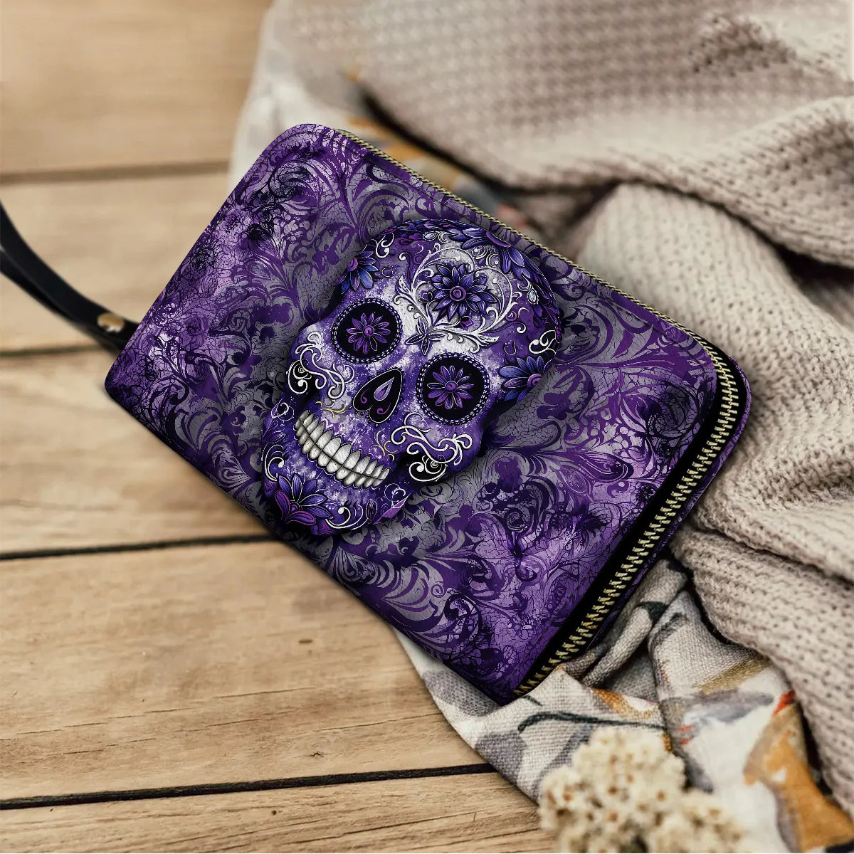  Leather Clutch Purse With Wristlet Strap Handle Gorgeous Mandala Skull