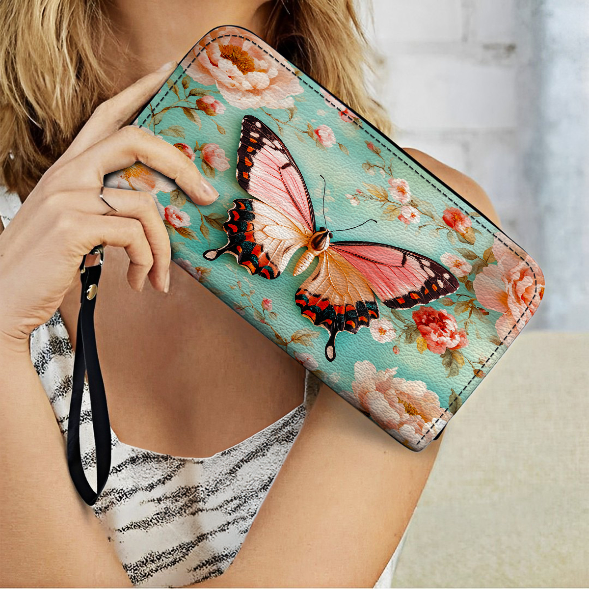  Leather Clutch Purse With Wristlet Strap Handle Ethereal Spring Butterfly