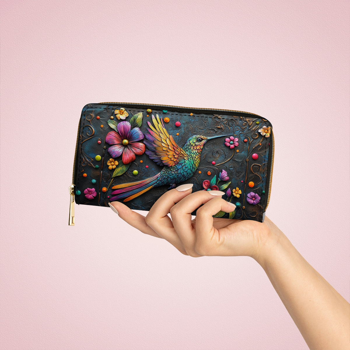  Leather Clutch Purse With Wristlet Strap Handle Hummingbird Gorgeous