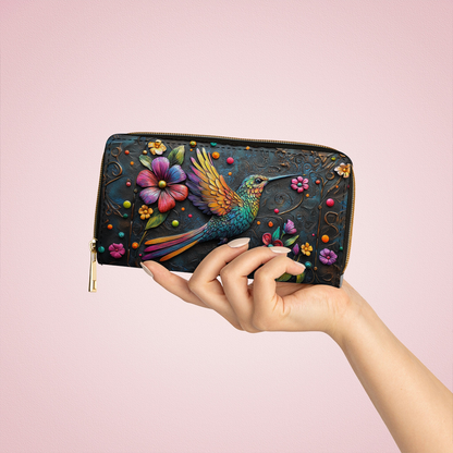  Leather Clutch Purse With Wristlet Strap Handle Hummingbird Gorgeous