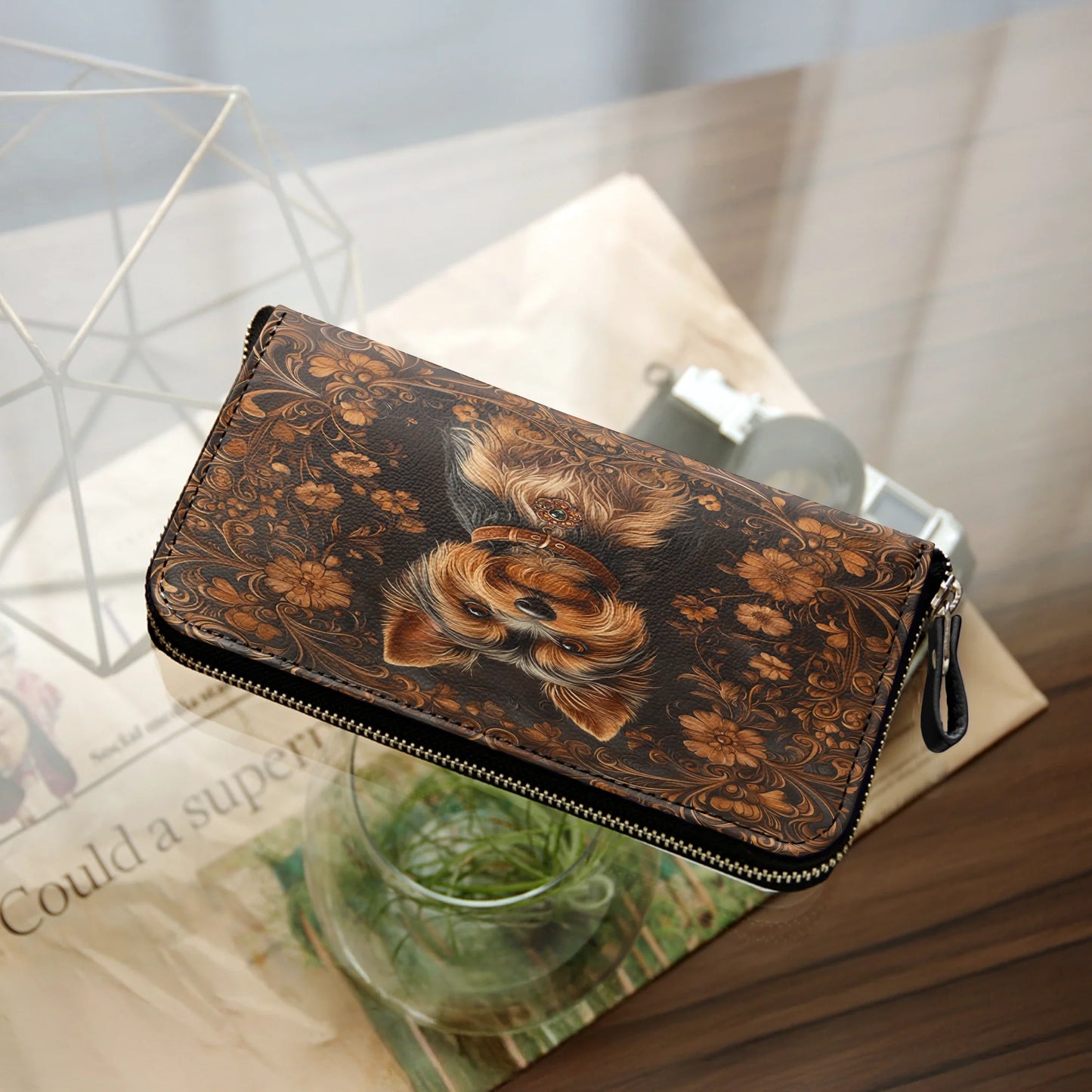  Leather Clutch Purse With Wristlet Strap Handle Timeless Yorkie Charm