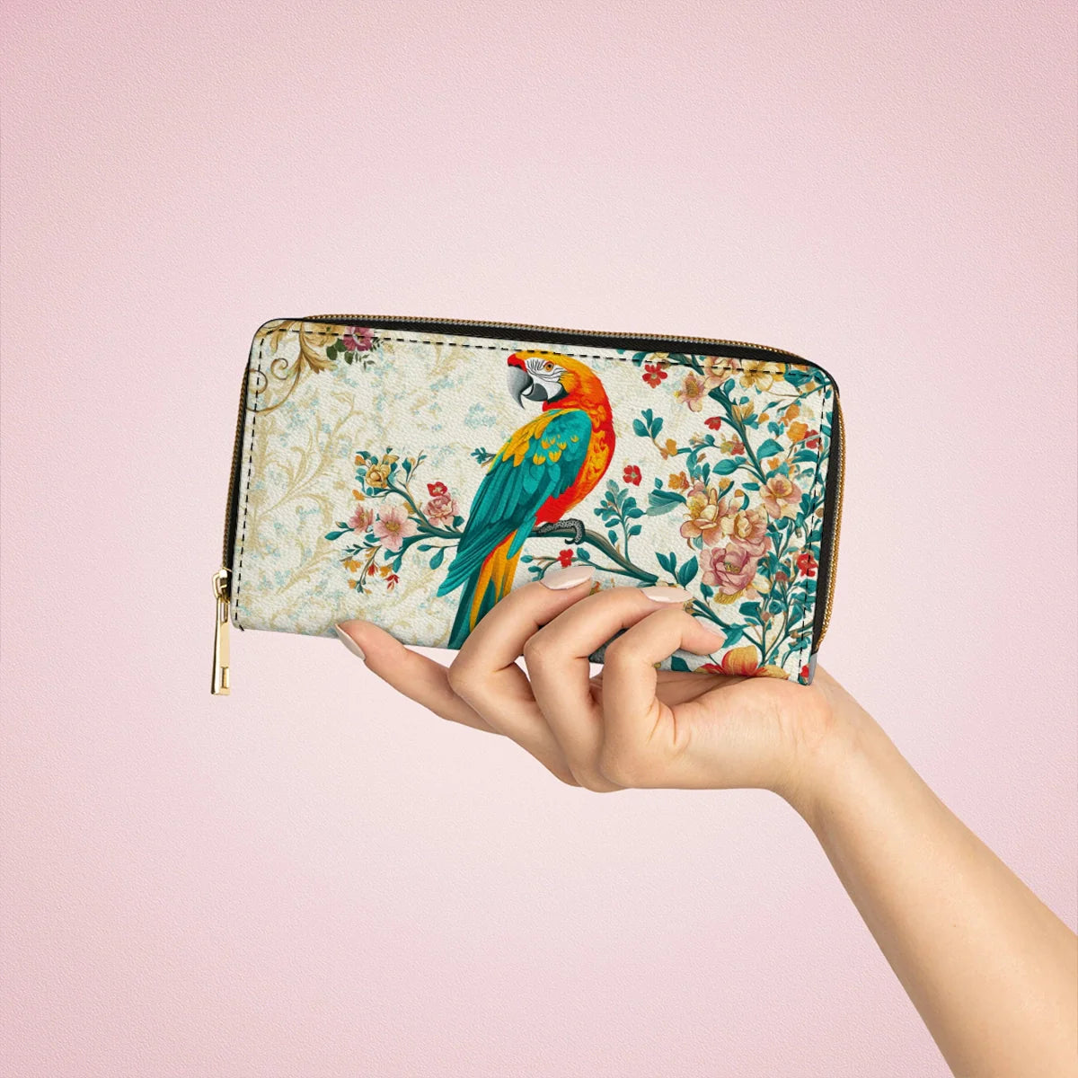  Leather Clutch Purse With Wristlet Strap Handle Macaw Enchantment