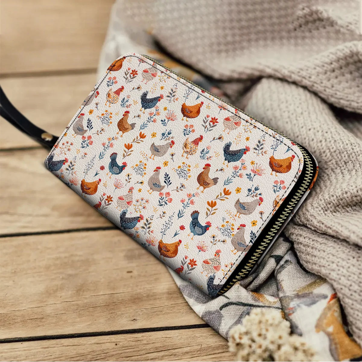  Leather Clutch Purse With Wristlet Strap Handle Chicken Flower