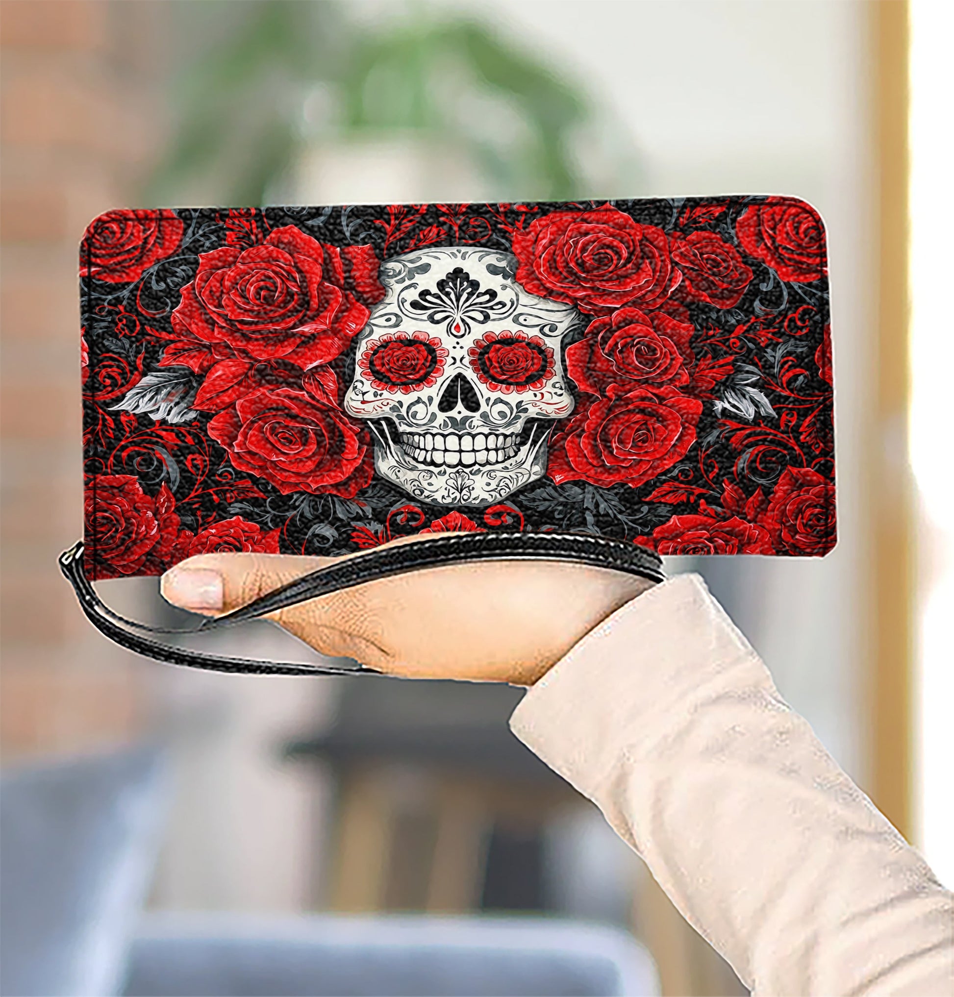  Leather Clutch Purse With Wristlet Strap Handle Elegant Red Roses Skull