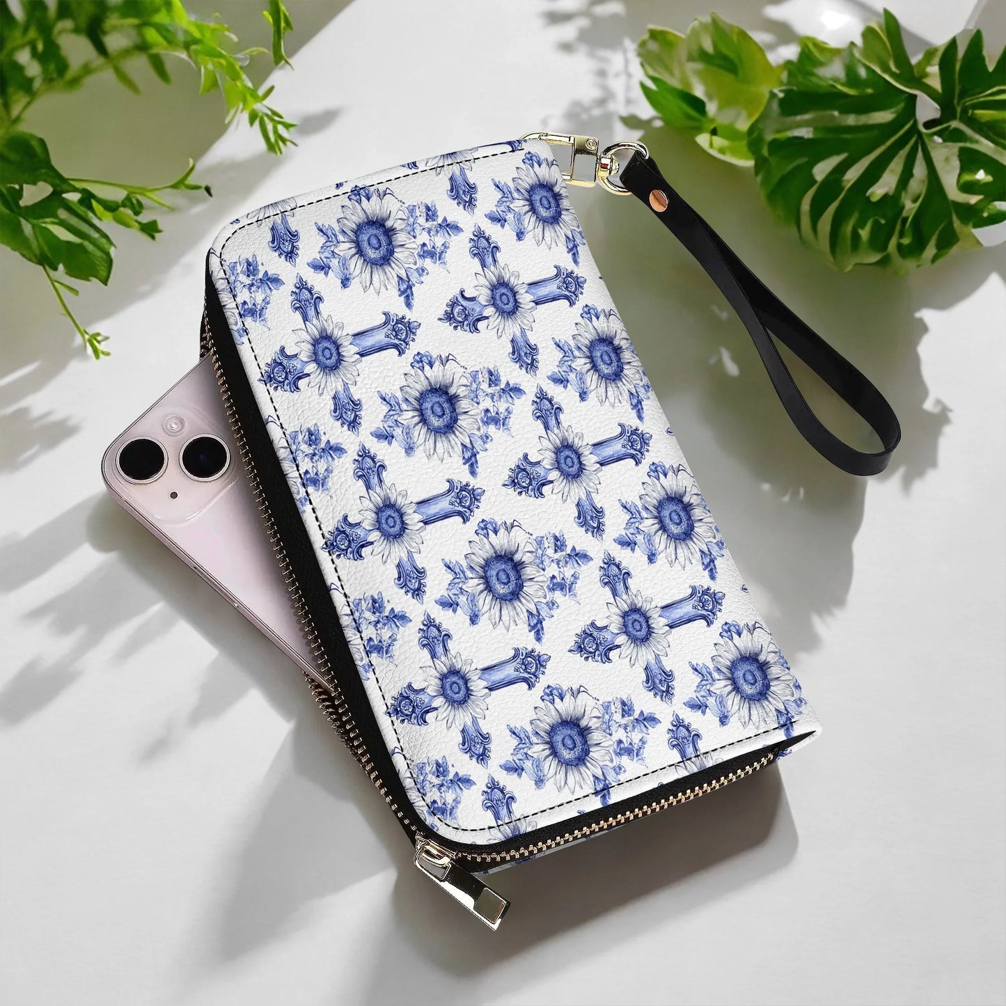  Leather Clutch Purse With Wristlet Strap Handle Sunflower Blooming With Grace