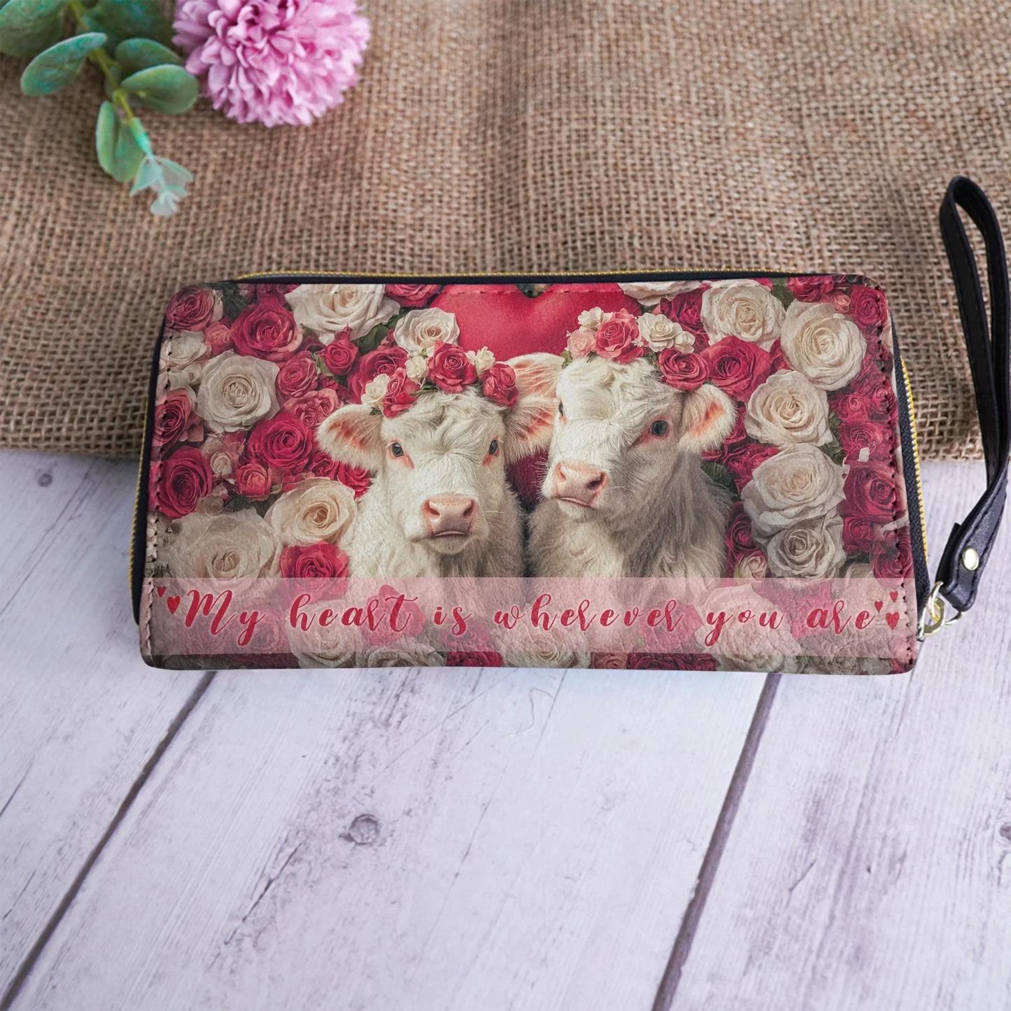  Leather Clutch Purse With Wristlet Strap Handle Valentine Cow Charm