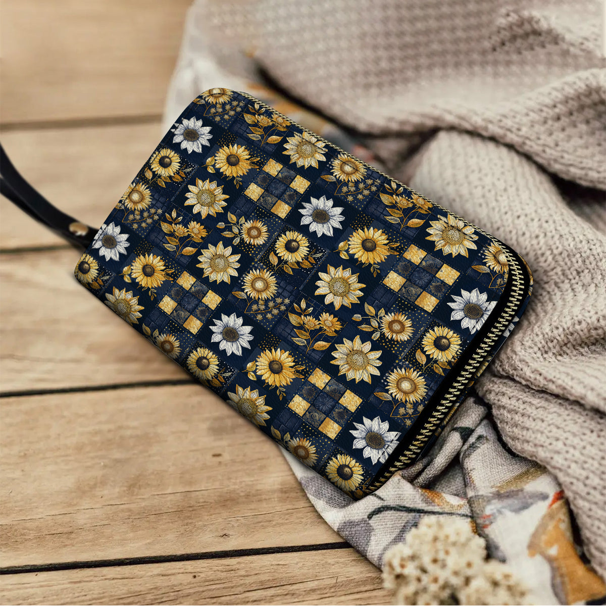  Leather Clutch Purse With Wristlet Strap Handle Inelegance Sunflowers