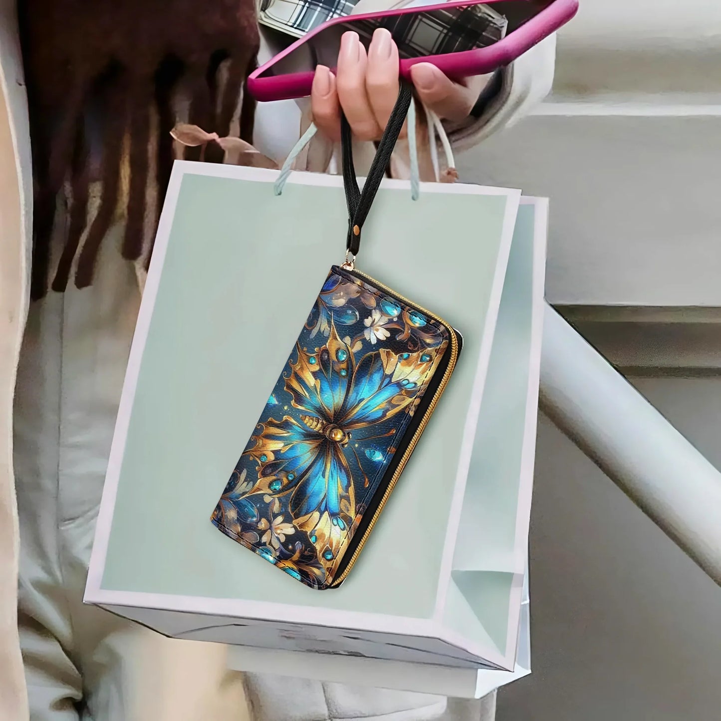  Leather Clutch Purse With Wristlet Strap Handle Butterfly Ethereal Radiance