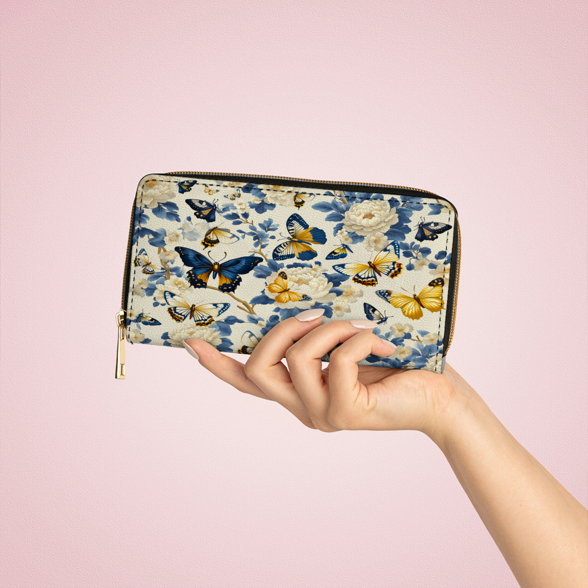  Leather Clutch Purse With Wristlet Strap Handle Butterfly Garden Royal