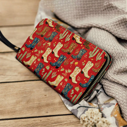  Leather Clutch Purse With Wristlet Strap Handle Glamorous Cowgirl Boot Pattern