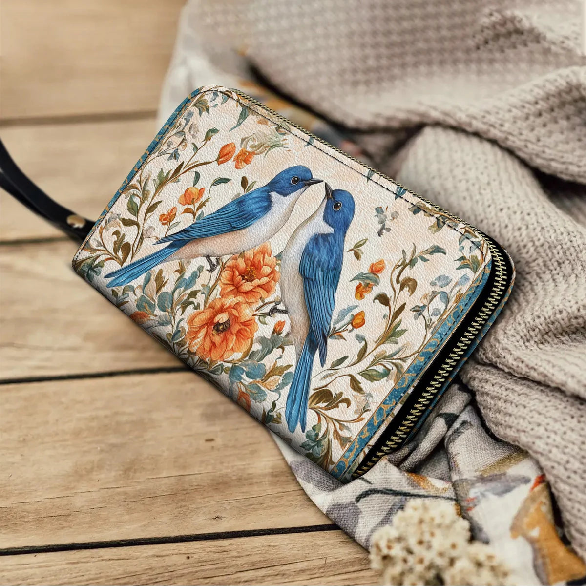  Leather Clutch Purse With Wristlet Strap Handle Bluebird Affection