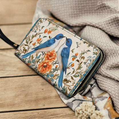  Leather Clutch Purse With Wristlet Strap Handle Bluebird Affection