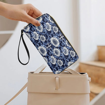  Leather Clutch Purse With Wristlet Strap Handle Midnight Blue Sunflower Cross