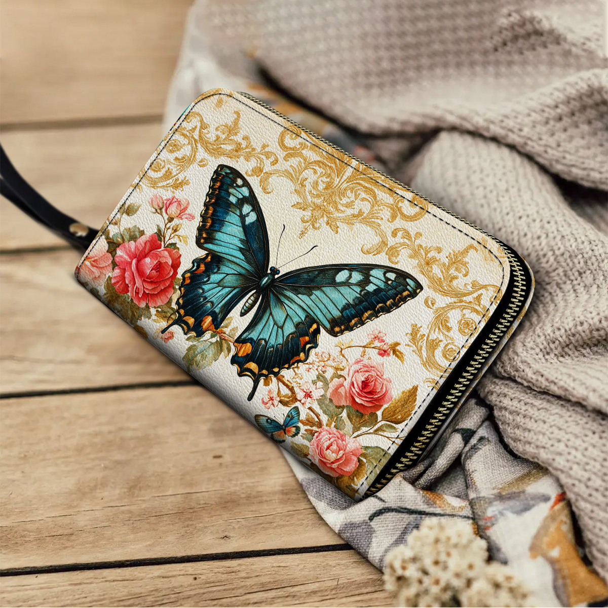  Leather Clutch Purse With Wristlet Strap Handle Butterfly Rose Whisper