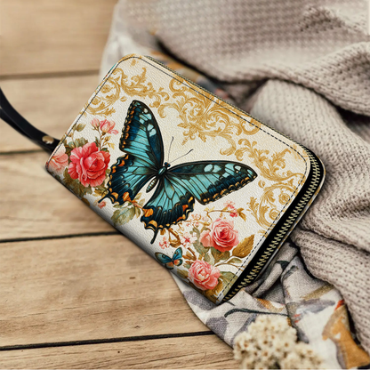  Leather Clutch Purse With Wristlet Strap Handle Butterfly Rose Whisper