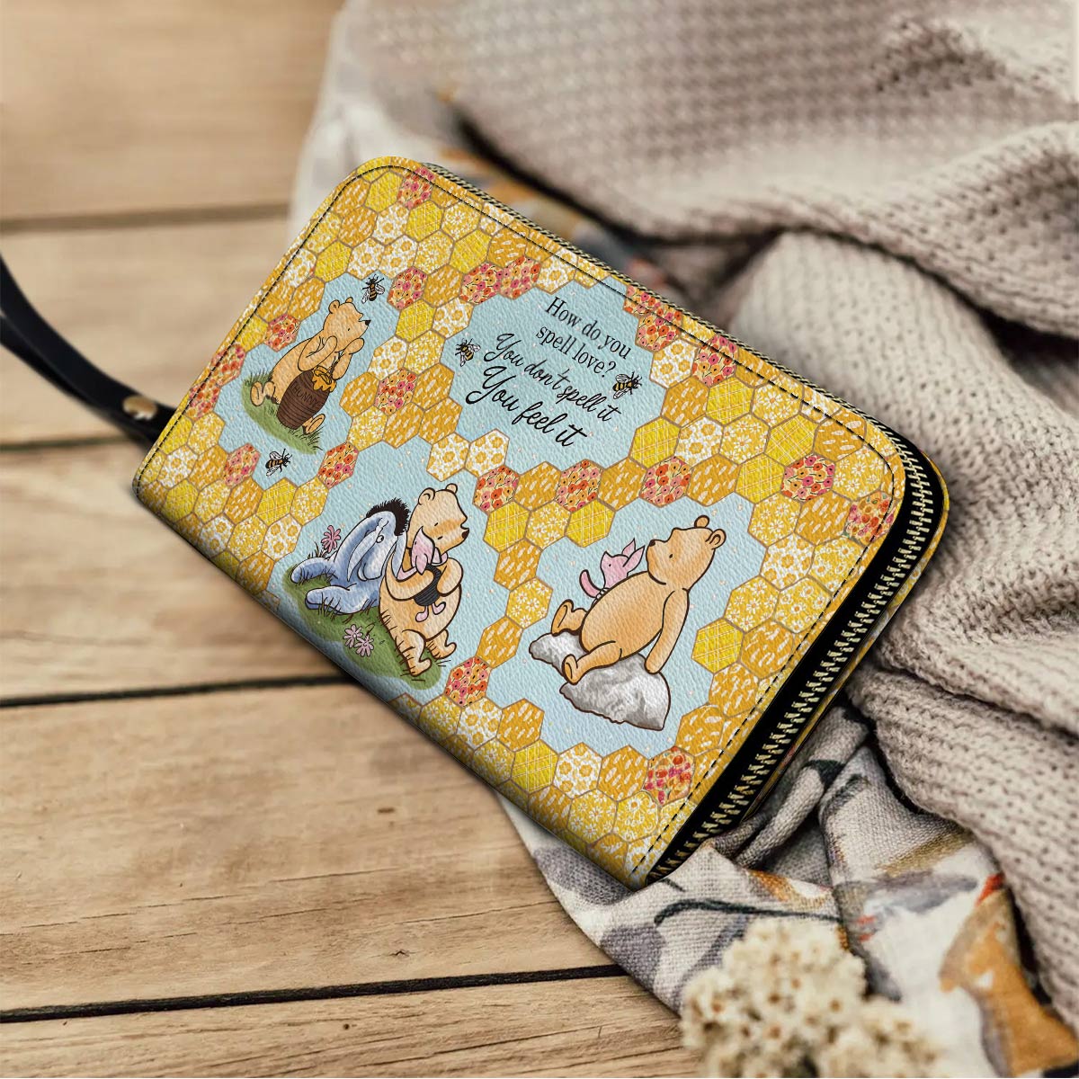  Leather Clutch Purse With Wristlet Strap Handle Pooh The Love Quote