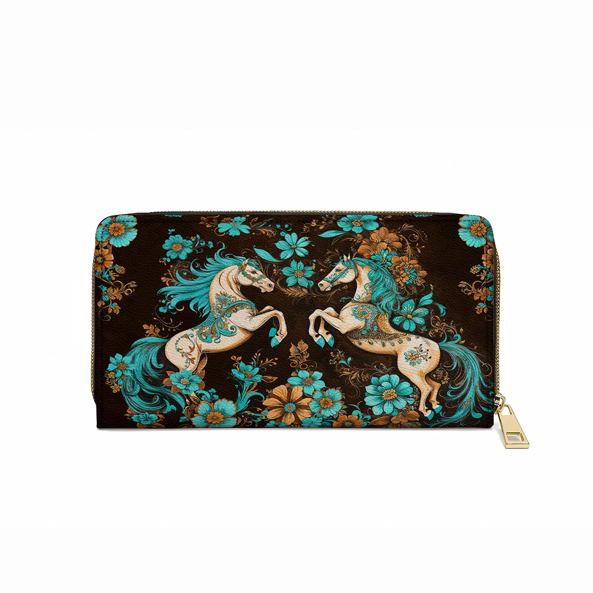  Leather Clutch Purse With Wristlet Strap Handle Mystic Horse Blossom