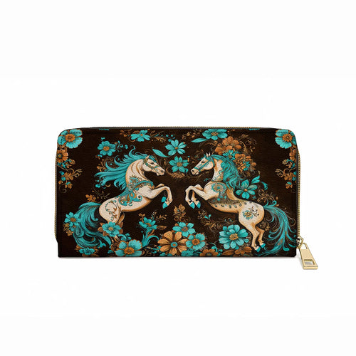  Leather Clutch Purse With Wristlet Strap Handle Mystic Horse Blossom