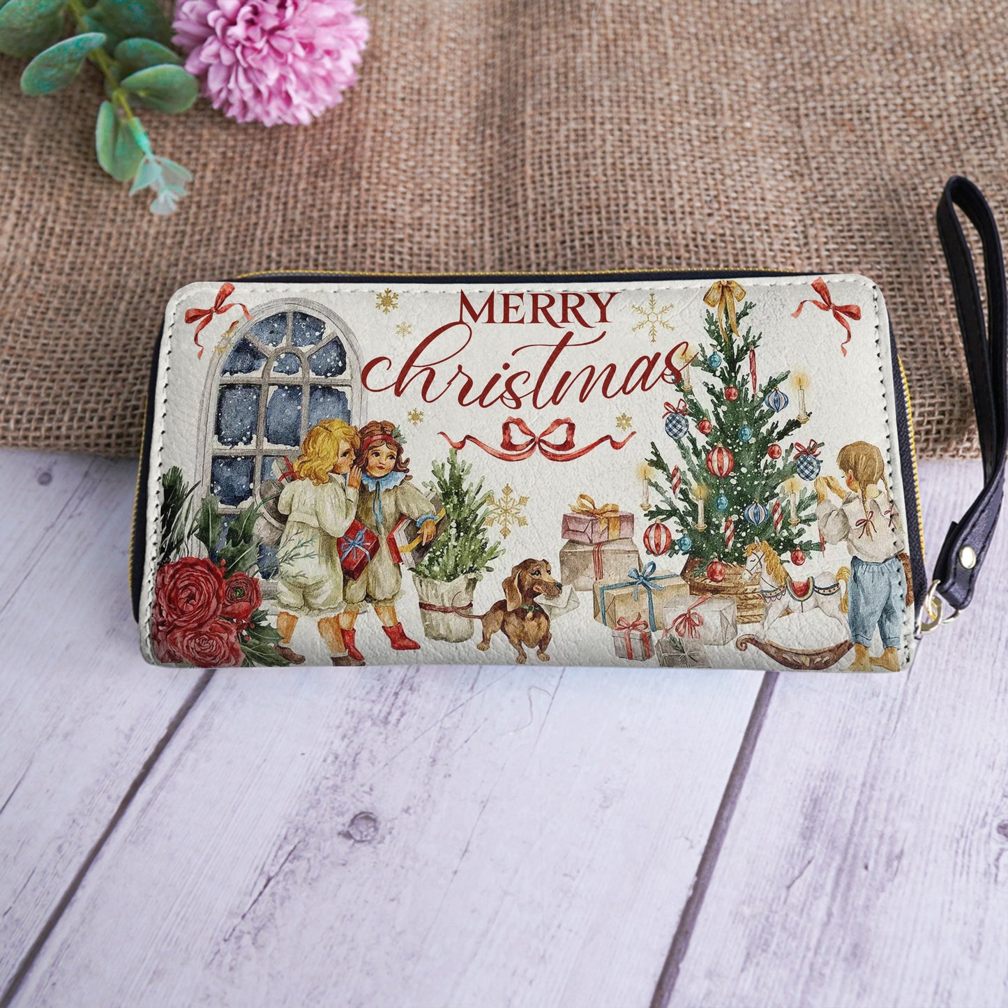  Leather Clutch Purse With Wristlet Strap Handle Holiday Nostalgia