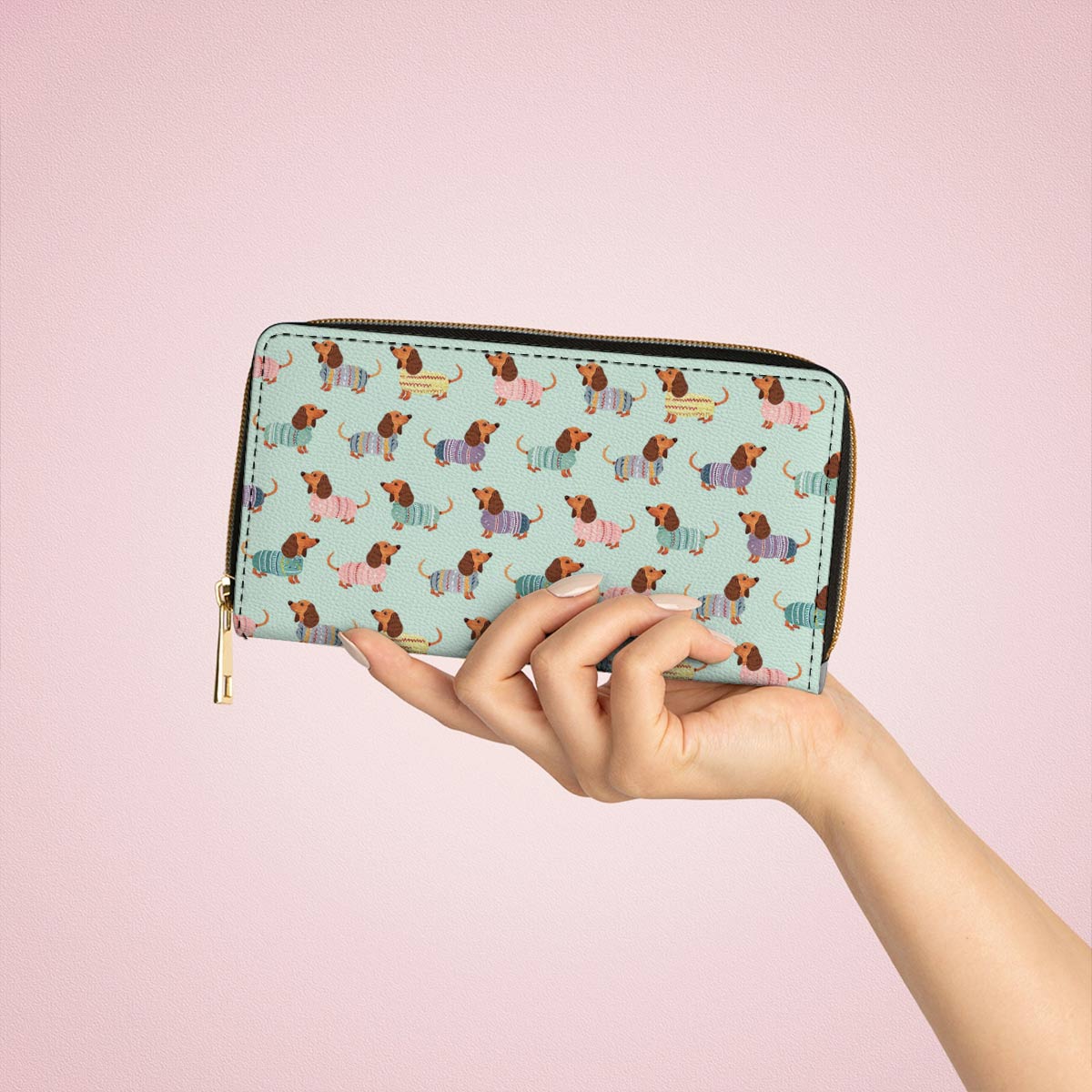  Leather Clutch Purse With Wristlet Strap Handle Colorful Dachshunds Ver2