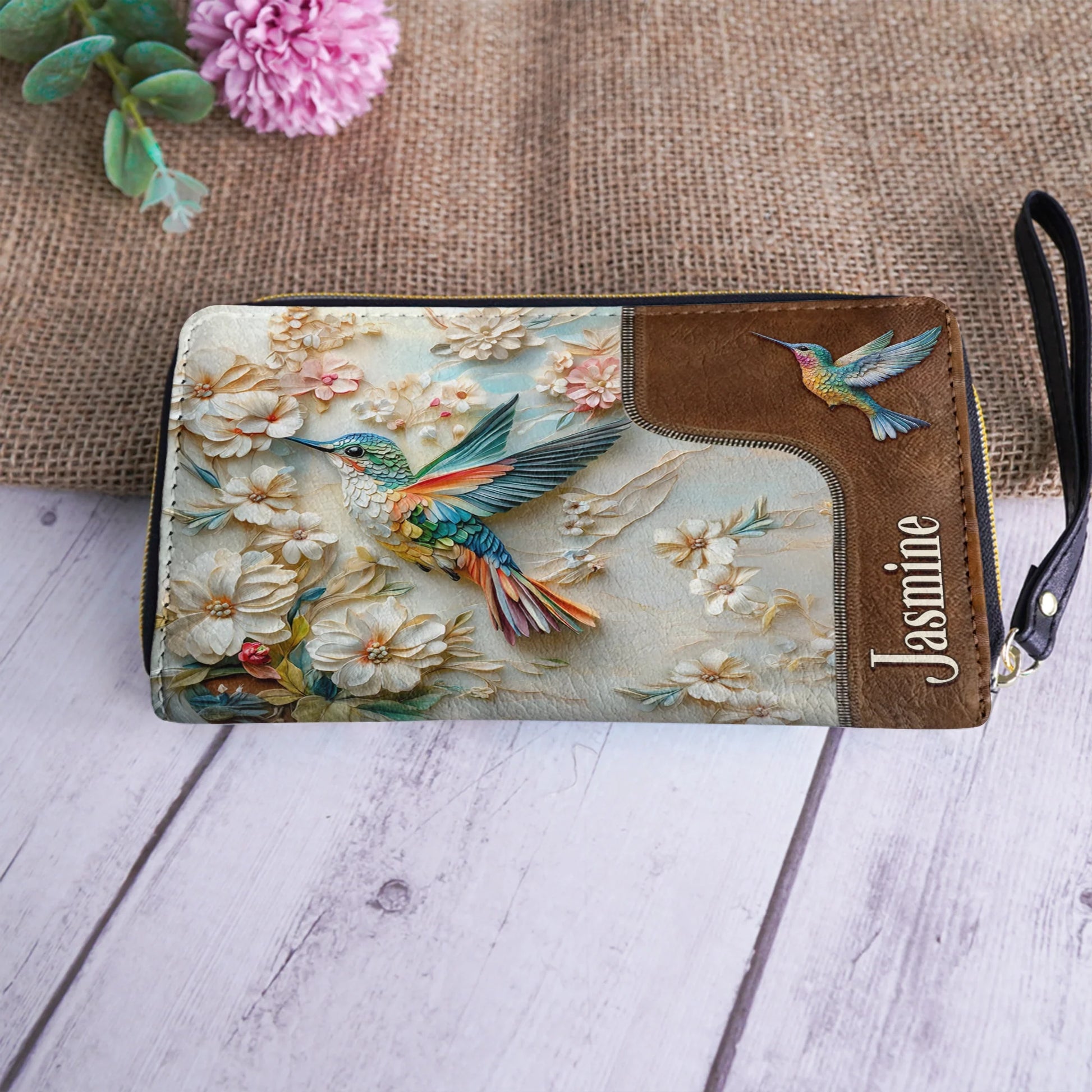  Leather Clutch Purse With Wristlet Strap Handle Personalized Wings of Bloom