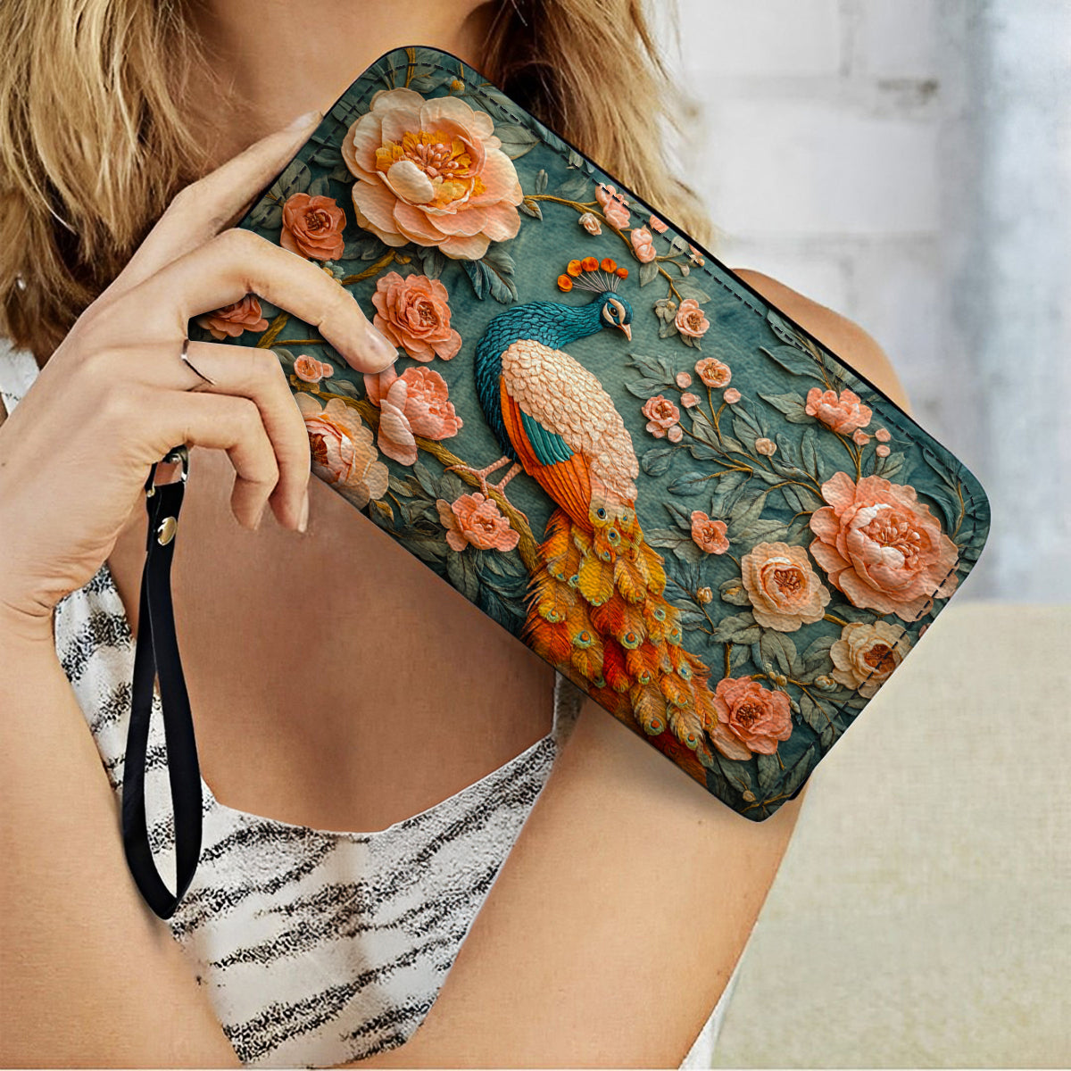  Leather Clutch Purse With Wristlet Strap Handle Majestic Plumage