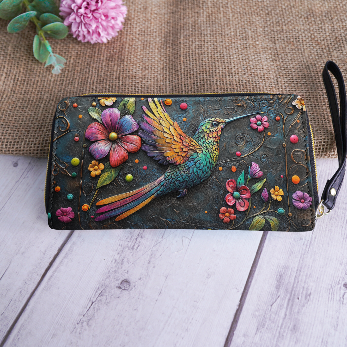  Leather Clutch Purse With Wristlet Strap Handle Hummingbird Gorgeous
