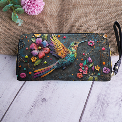  Leather Clutch Purse With Wristlet Strap Handle Hummingbird Gorgeous