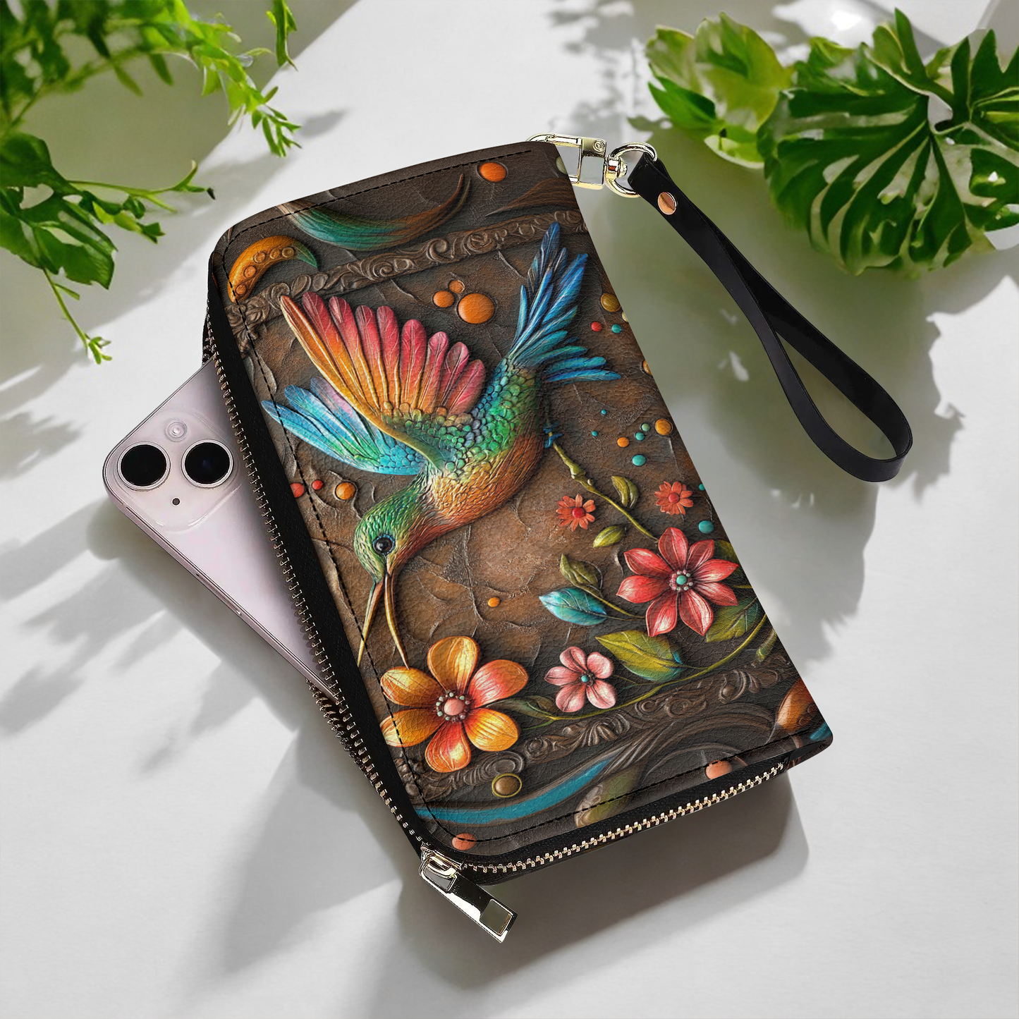  Leather Clutch Purse With Wristlet Strap Handle Hummingbird And Flower