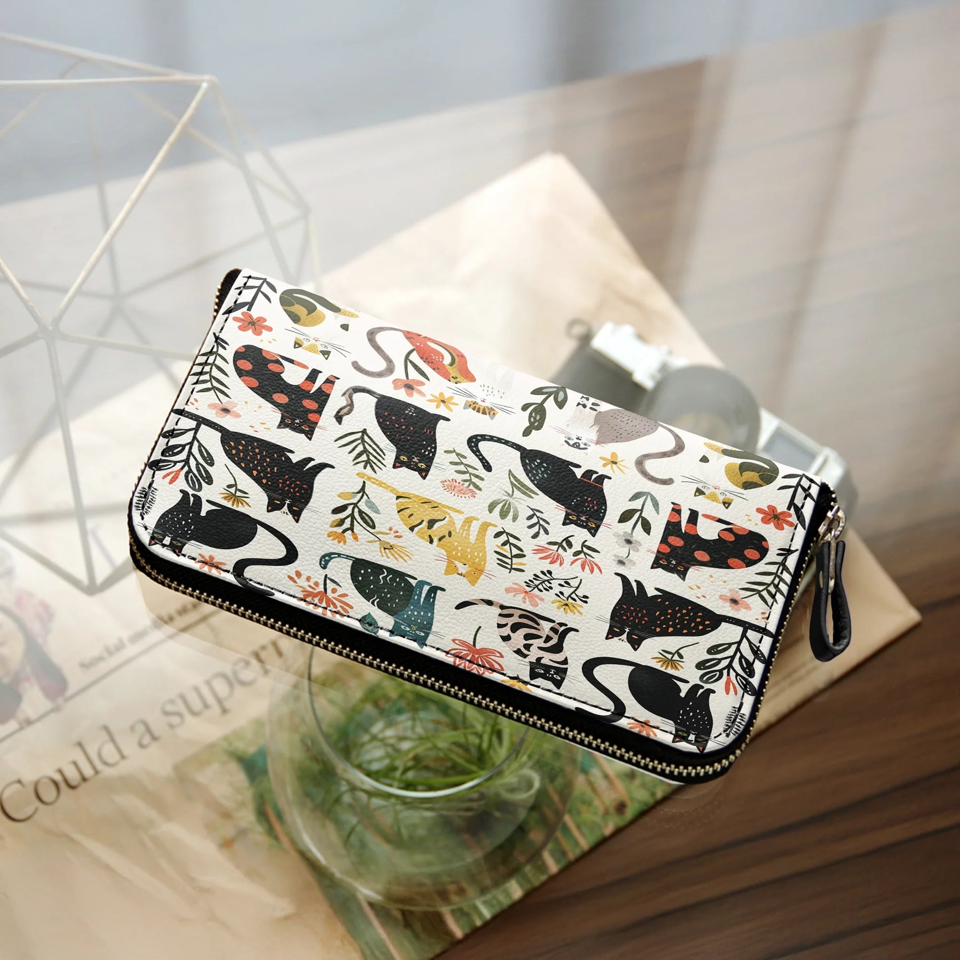  Leather Clutch Purse With Wristlet Strap Handle Botanical Cat Bliss