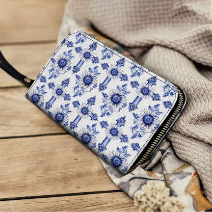  Leather Clutch Purse With Wristlet Strap Handle Sunflower Blooming With Grace