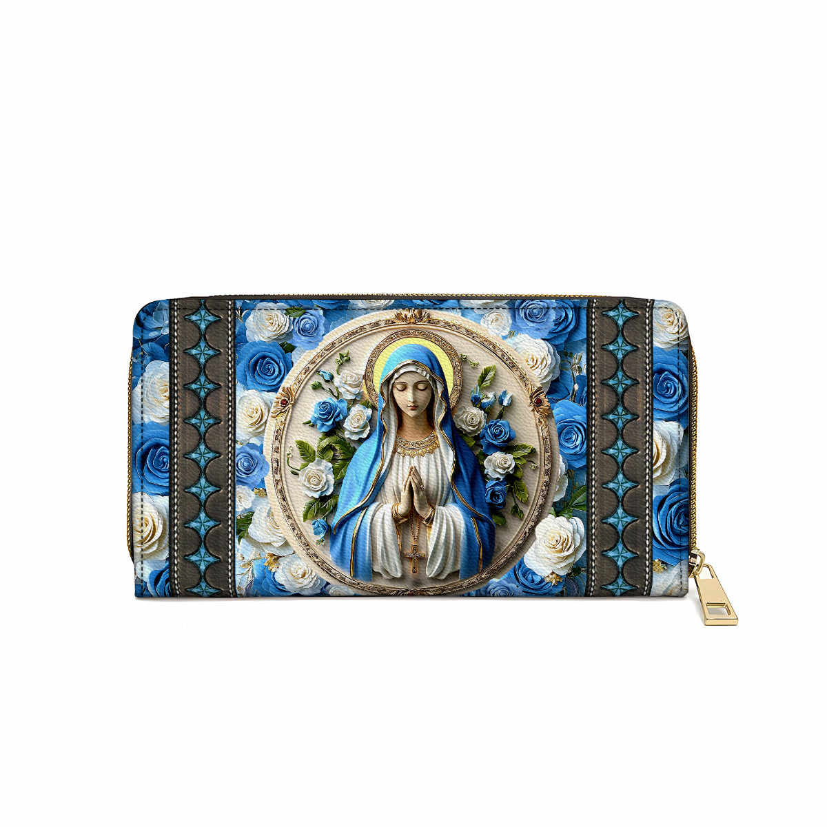  Leather Clutch Purse With Wristlet Strap Handle Peaceful Virgin Mary Roses