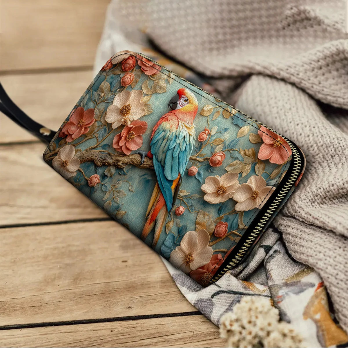  Leather Clutch Purse With Wristlet Strap Handle Macaw Majesty