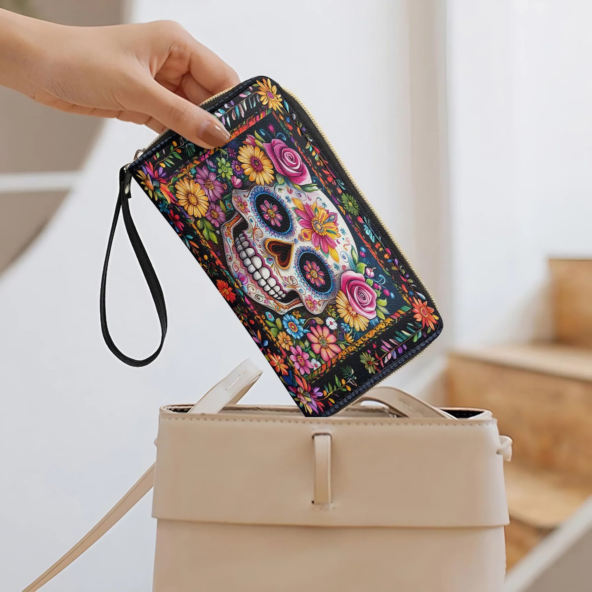  Leather Clutch Purse With Wristlet Strap Handle Calavera Floral Dreams