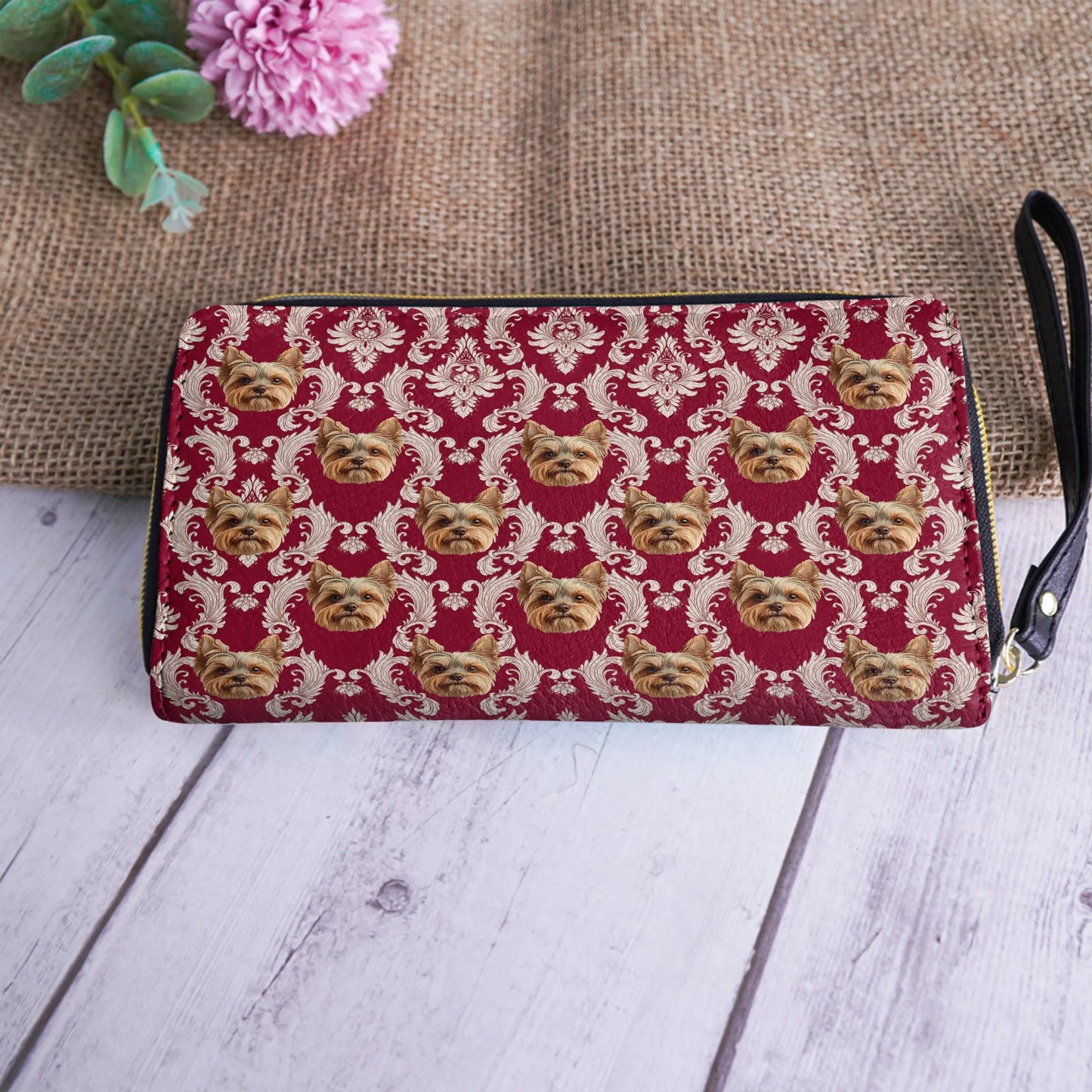  Leather Clutch Purse With Wristlet Strap Handle Royal Yorkie Charm