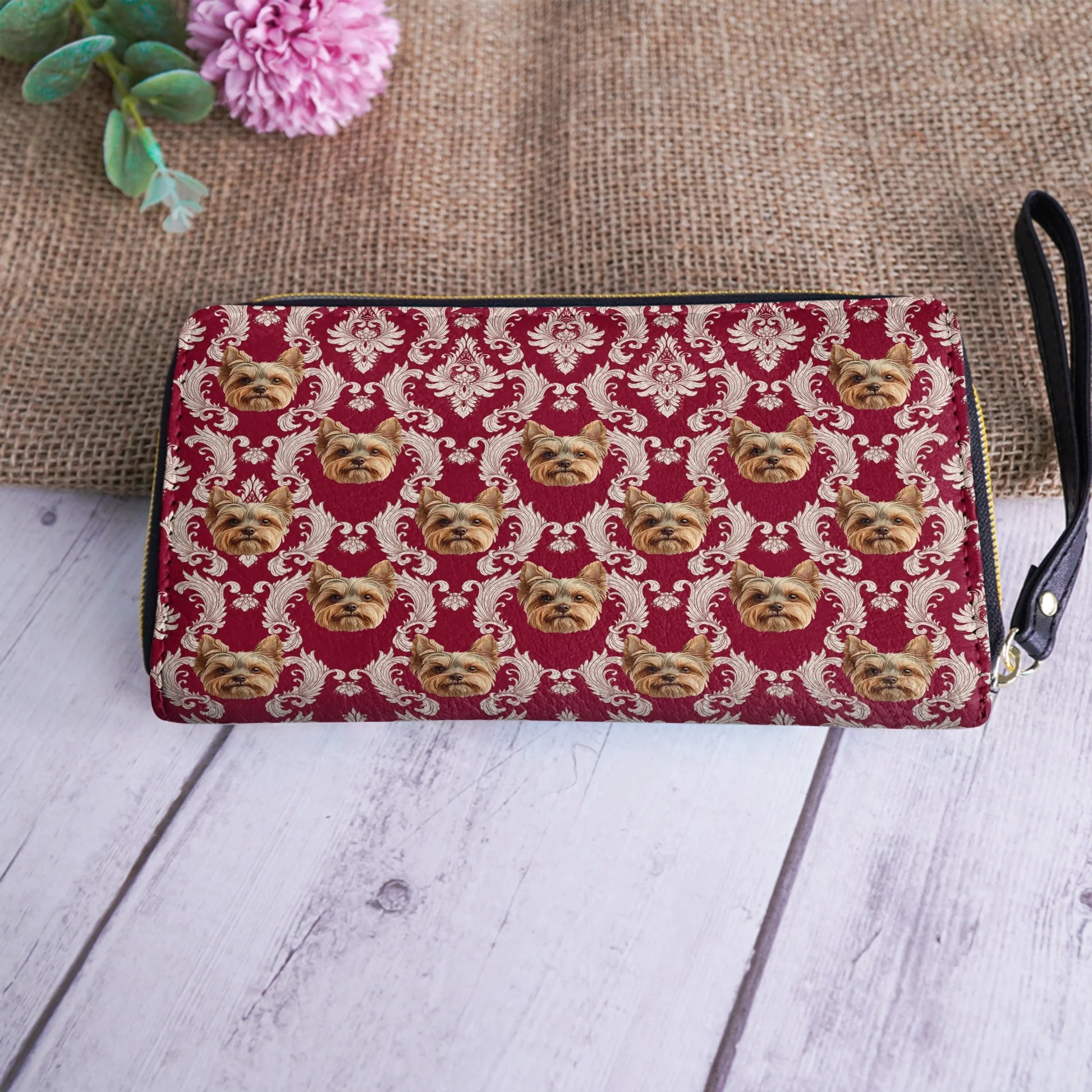  Leather Clutch Purse With Wristlet Strap Handle Royal Yorkie Charm