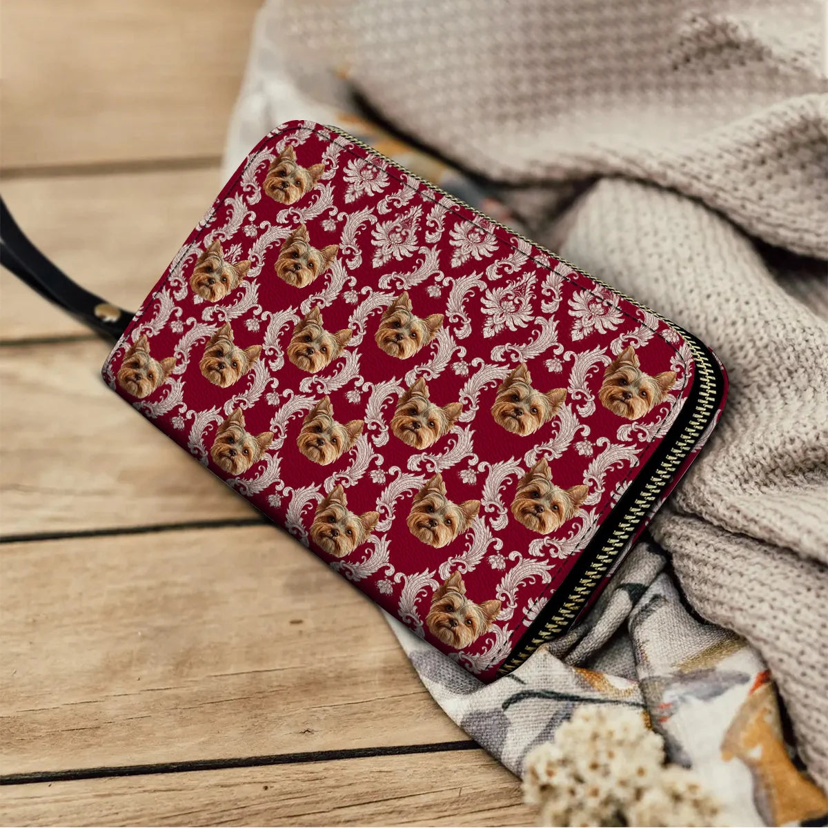  Leather Clutch Purse With Wristlet Strap Handle Royal Yorkie Charm