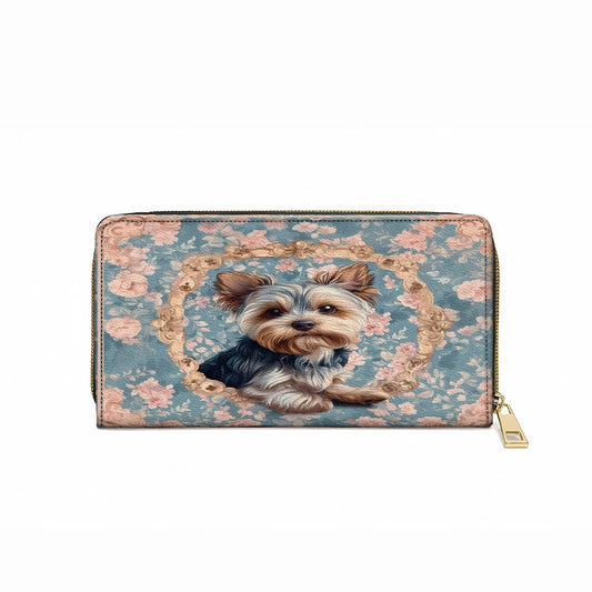  Leather Clutch Purse With Wristlet Strap Handle Yorkie Blossom Elegance